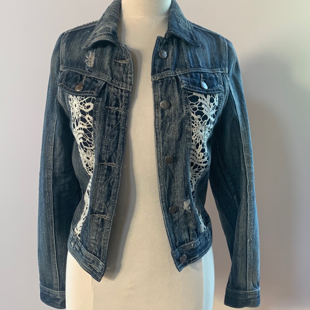 Lace trimmed distressed jeans jacket